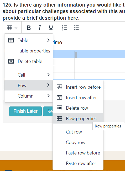 This image shows the steps described immediately above to get to the Row Properties menu item.